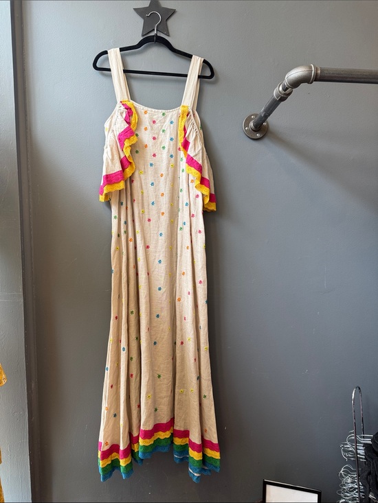 Mochi the Art of Embroidery Dresses & Skirts - Beige Linen Embroidered Maxi Dress with Rainbow Trim